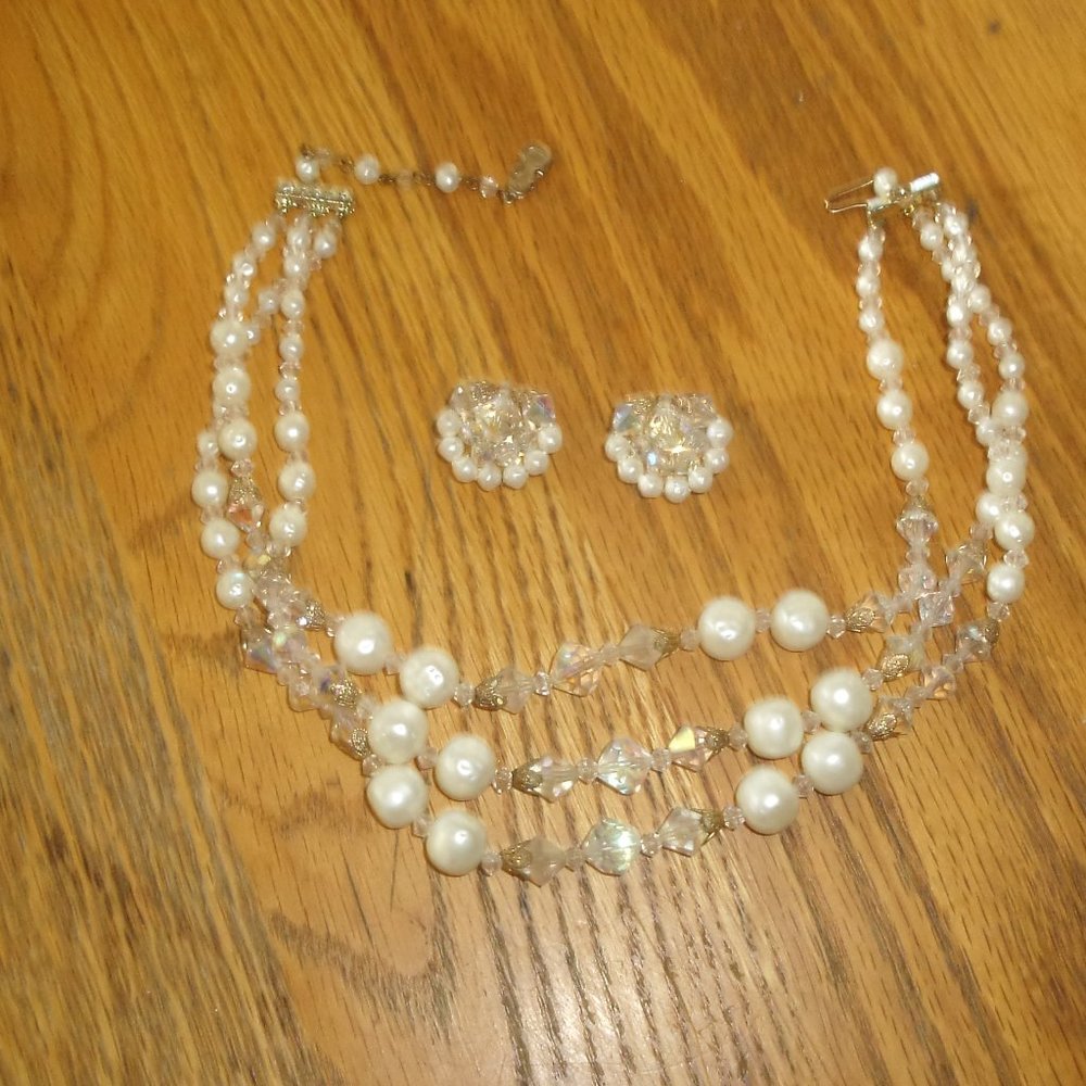 Necklace clip earrings set pearls aurora borealis beads triple strands gold tone